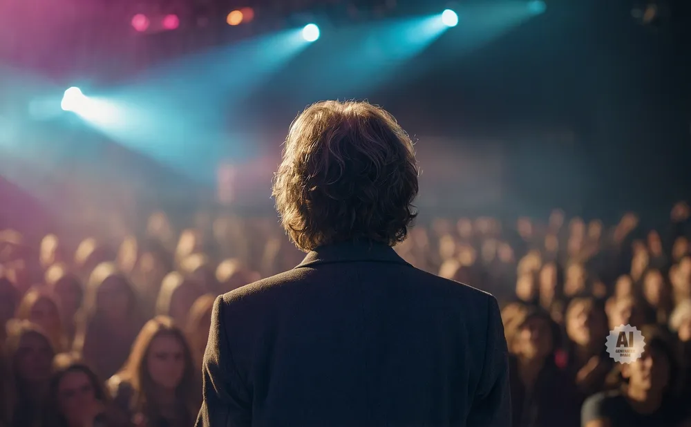 A person in a suit faces a large, blurred audience under stage lights.