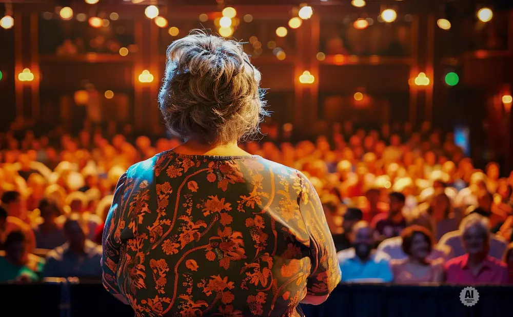 Woman with gray hair in a floral top faces a large, blurred audience under warm stage lights.