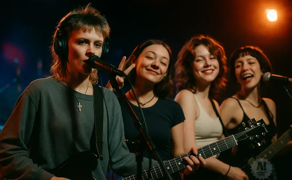 A band of four young women plays guitars and sings into microphones on a stage.