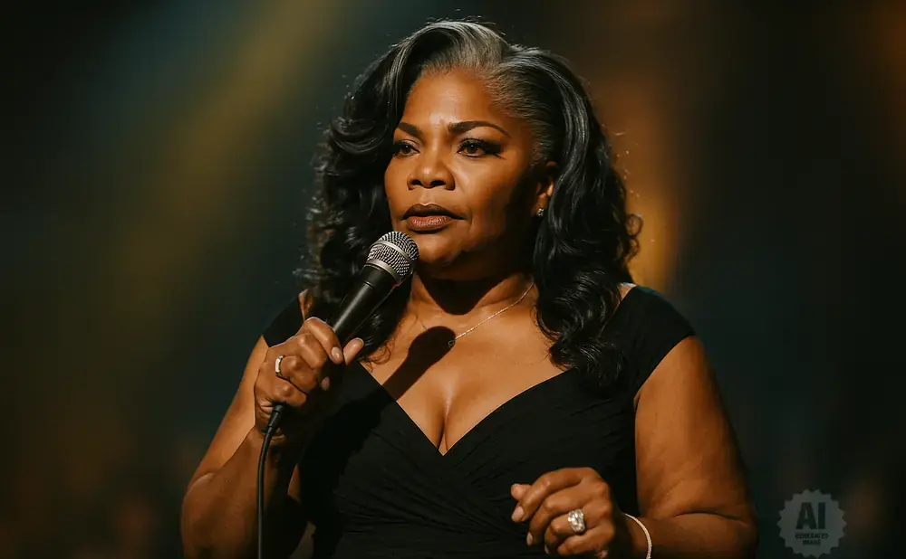 Mo'Nique with gray streaks in her hair, wearing a black dress and holding a microphone.