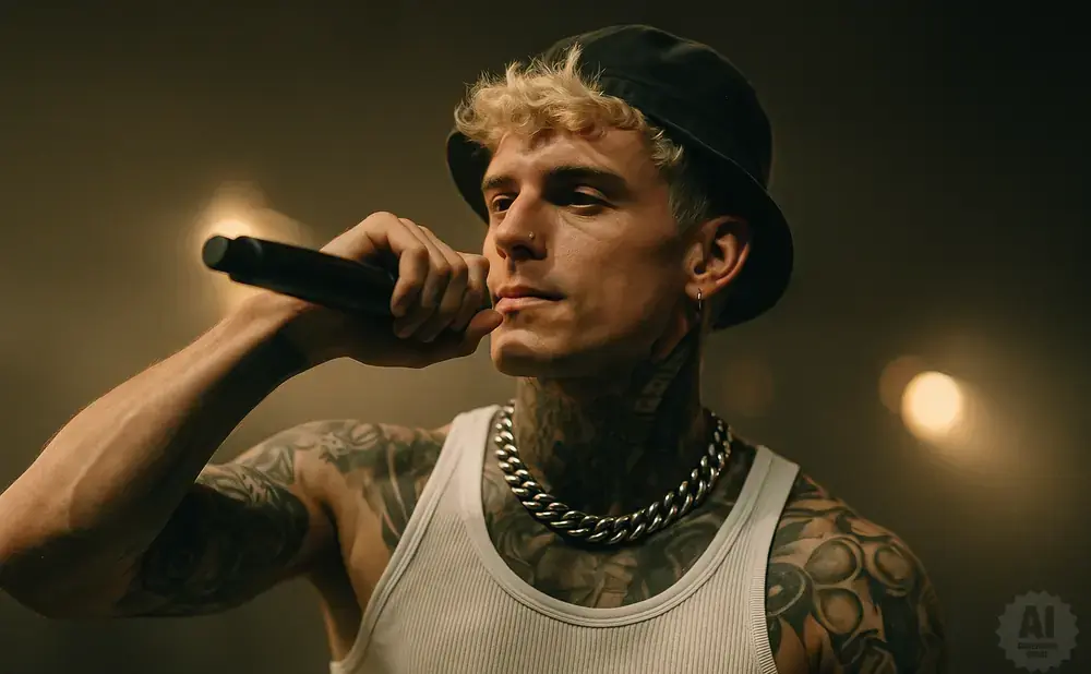 Man with tattoos wearing a white tank top and bucket hat holds a microphone.