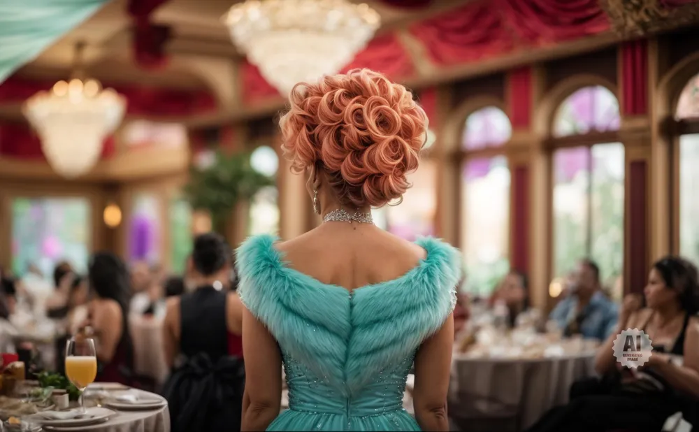 Woman in a teal gown with fur trim and a curly updo stands in a banquet hall.