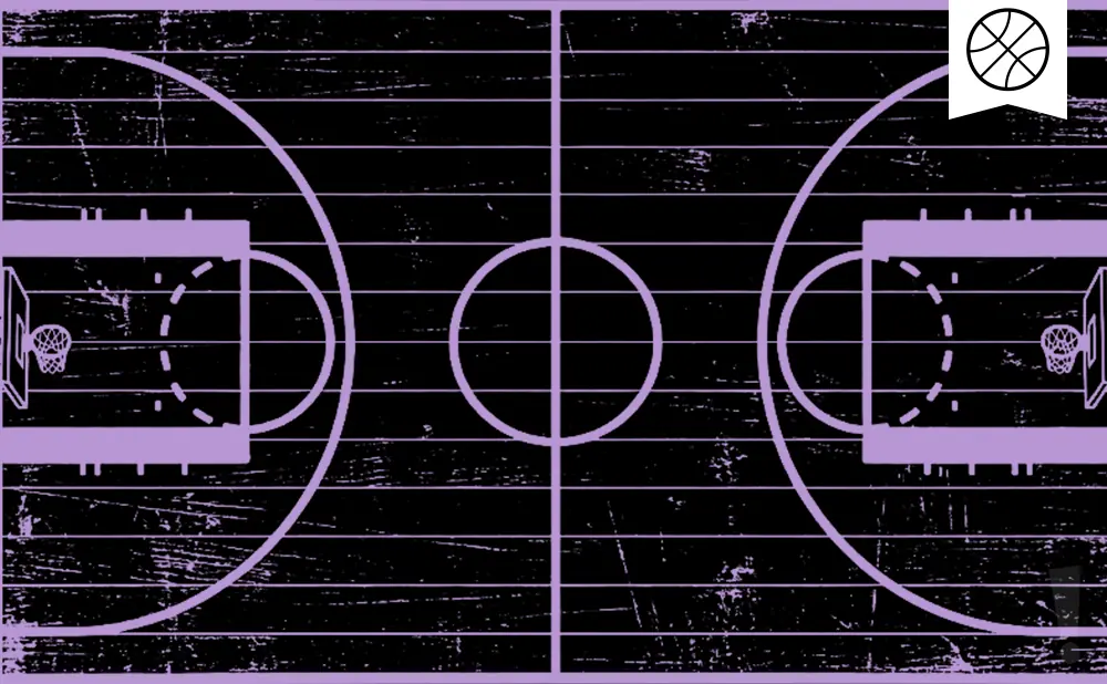 A stylized, purple-and-black illustration of a basketball court with a subtle grunge texture and a basketball icon in the upper right corner.