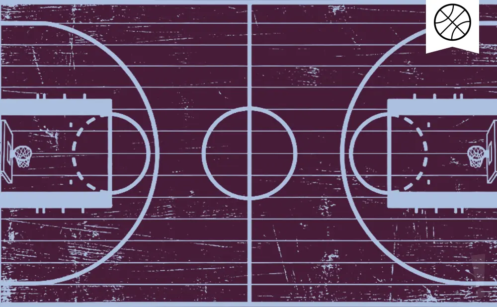 A worn, purple basketball court with light blue lines and a basketball icon on a banner.