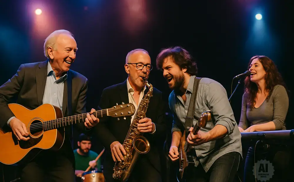 A band performs on stage, with a guitarist, saxophonist, singer, and drummer.