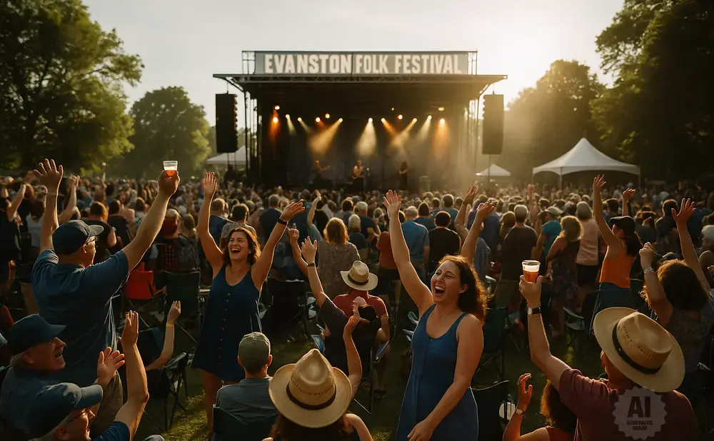People cheer with hands raised at the Evanston Folk Festival with a stage and band in the background.