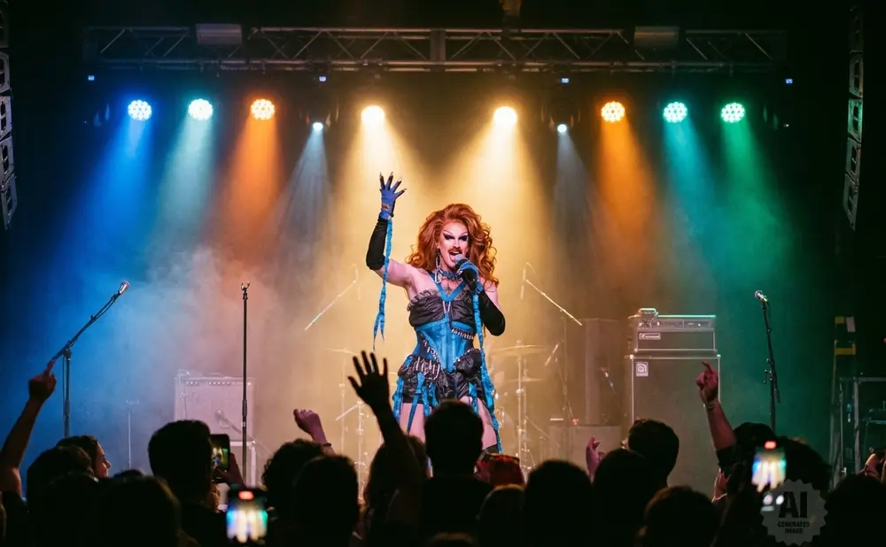 A drag queen performs on stage with blue and orange spotlights, holding a microphone and wearing a blue and black outfit.