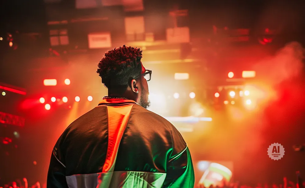 A man in a bomber jacket stands on stage, facing away from the camera, with bright red and orange lights behind him.