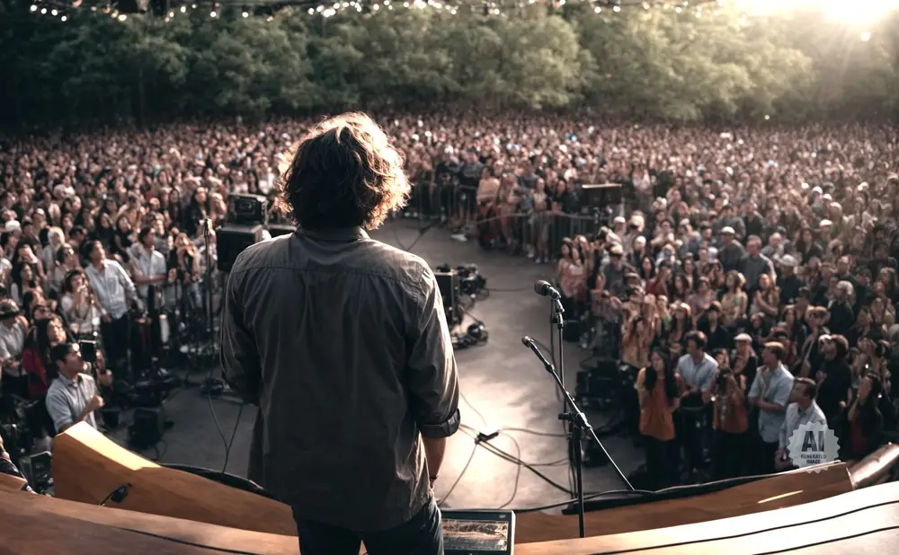 Man with curly hair stands on stage facing a large outdoor concert crowd.