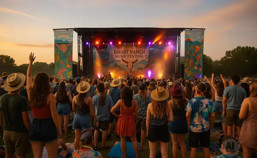 Crowd at outdoor music festival watches a band perform on a stage during sunset.