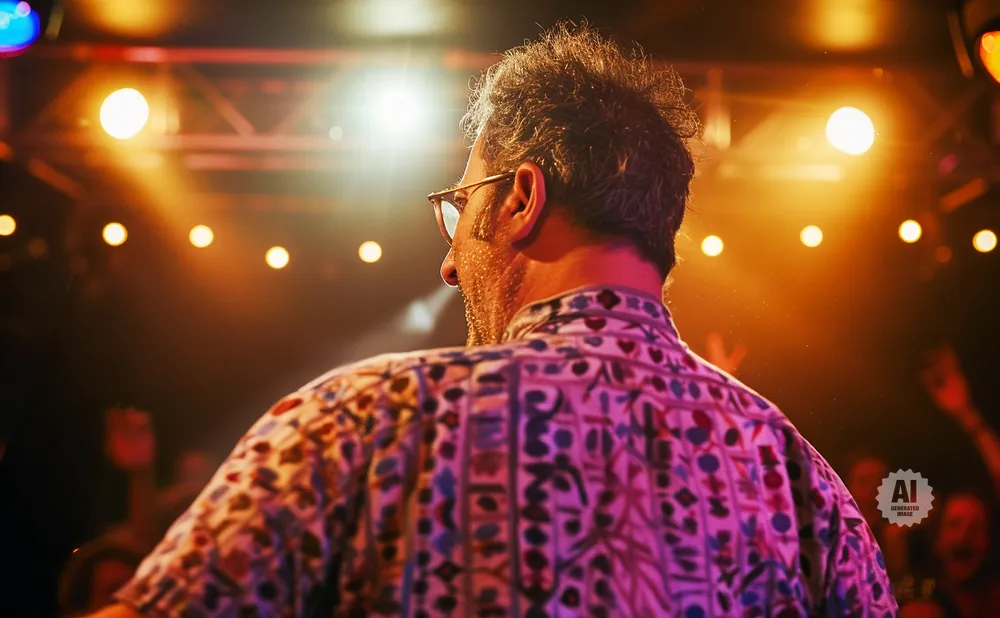 Man in a patterned shirt on a stage with bright lights and a blurred audience.