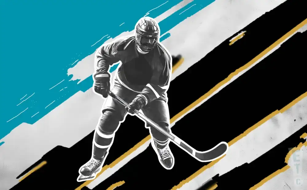 A black and white image of a hockey player in uniform on a blue and black abstract background.