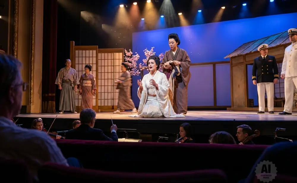 Stage performance with Japanese actors and sailors, with an orchestra in the foreground.
