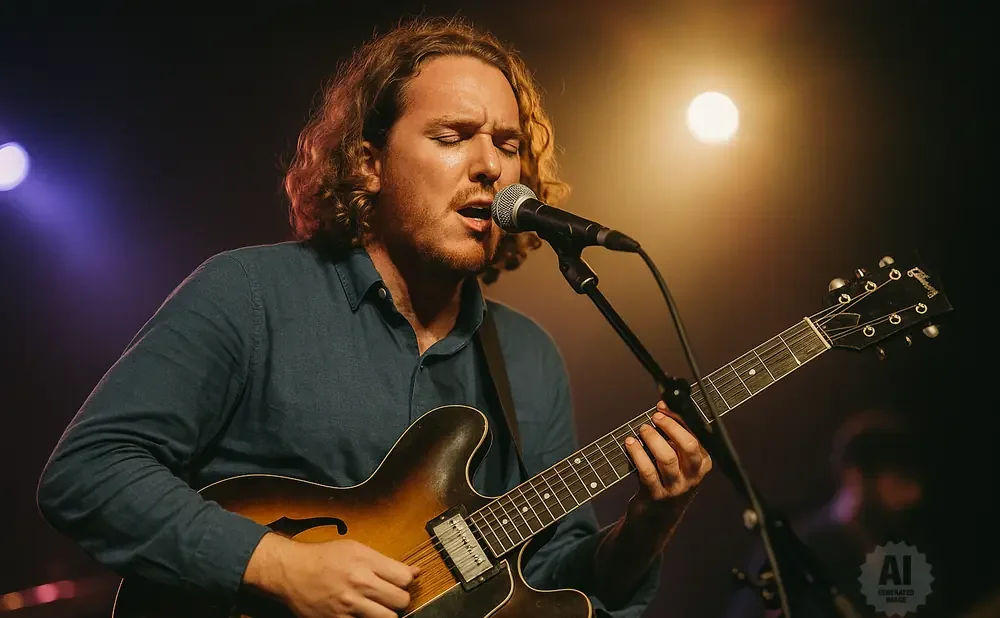 A man with curly hair sings into a microphone while playing an electric guitar.