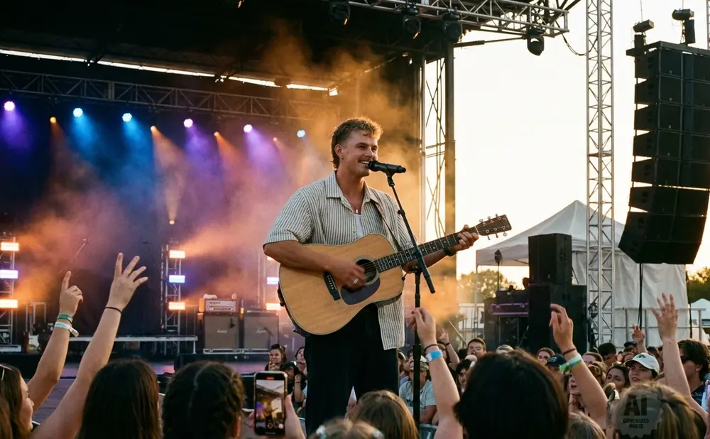 A male singer with a mullet, mustache, and earring holds a microphone to his mouth while wearing a cream-colored jacket.