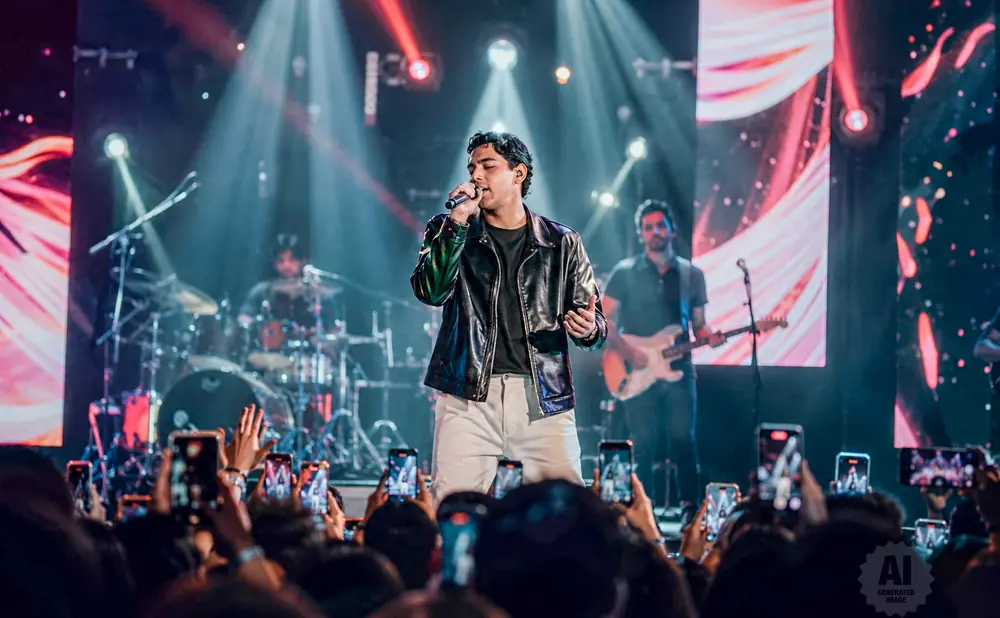 Singer on stage with a band, performing for an audience holding up phones.