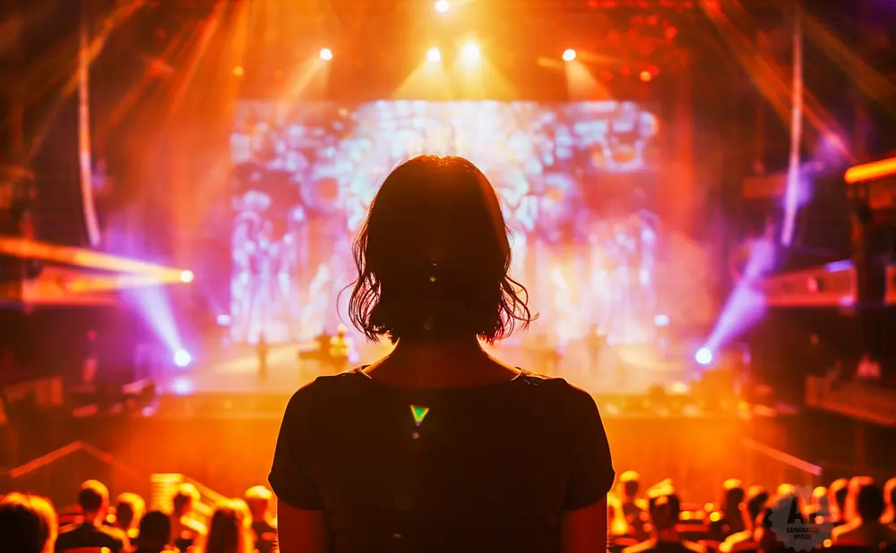 Woman silhouetted against bright stage lights at a concert, facing a large screen.