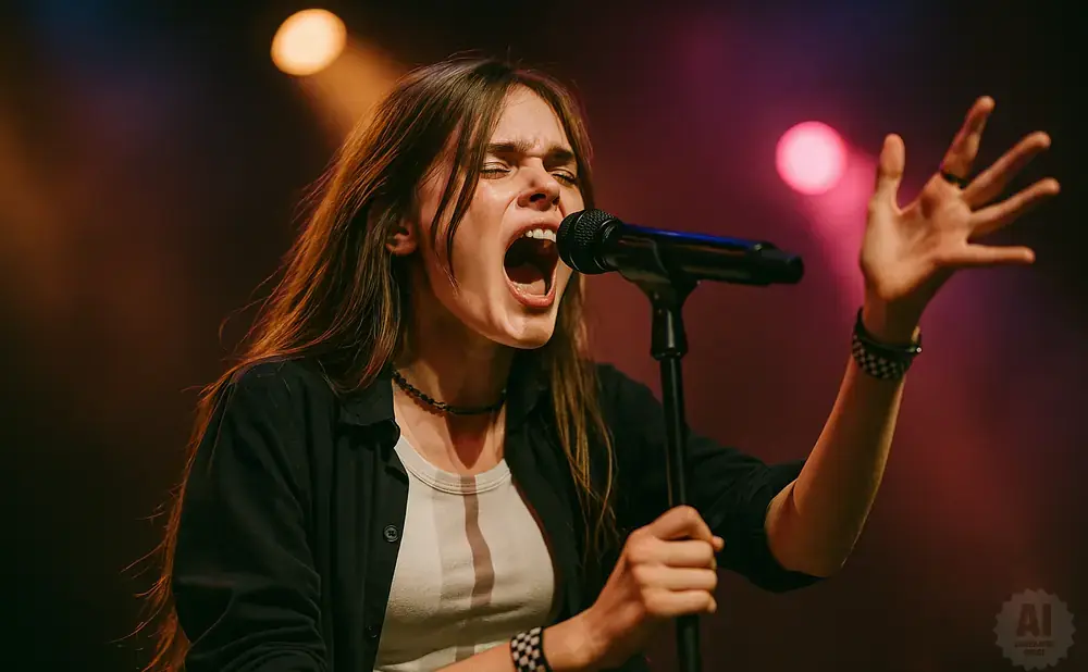 A woman sings passionately into a microphone on stage with her eyes closed and hand raised.