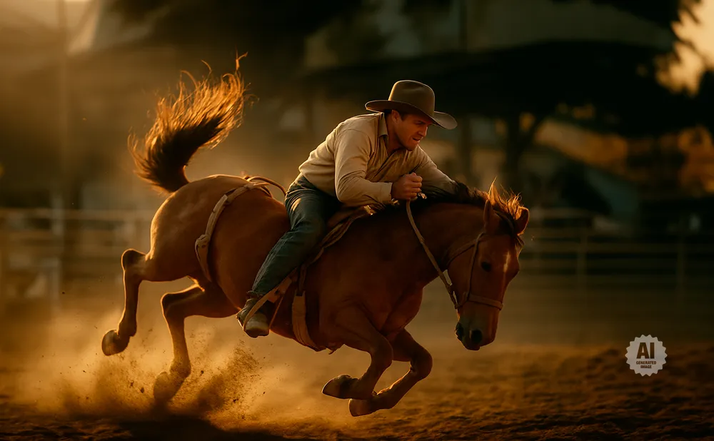 Cowboy on a bucking horse, kicking up dust at sunset.