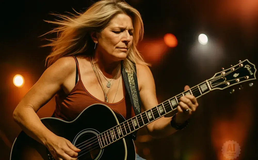 A woman with blonde hair plays an acoustic guitar on stage, bathed in warm light.