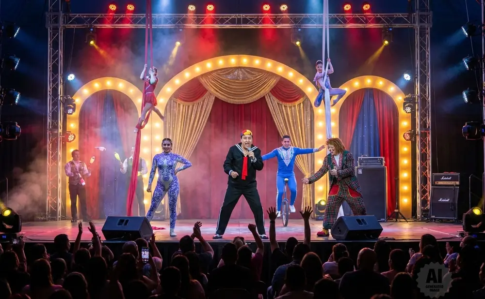 Circus performers on stage: aerialists, juggler, unicyclist, singer, and clown entertain an audience.