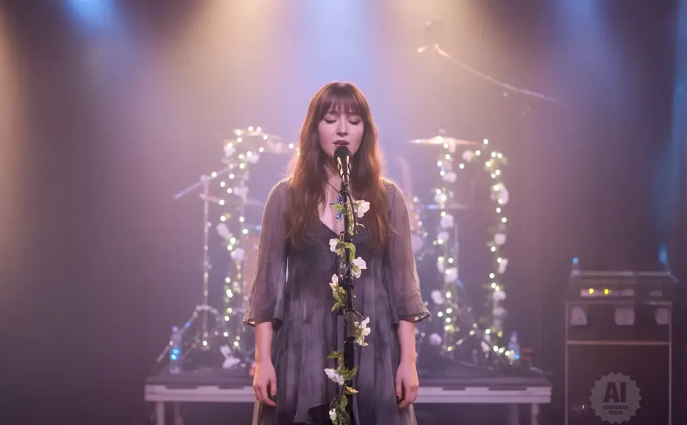 A woman in a flowing gray dress sings into a microphone adorned with white flowers and lights.