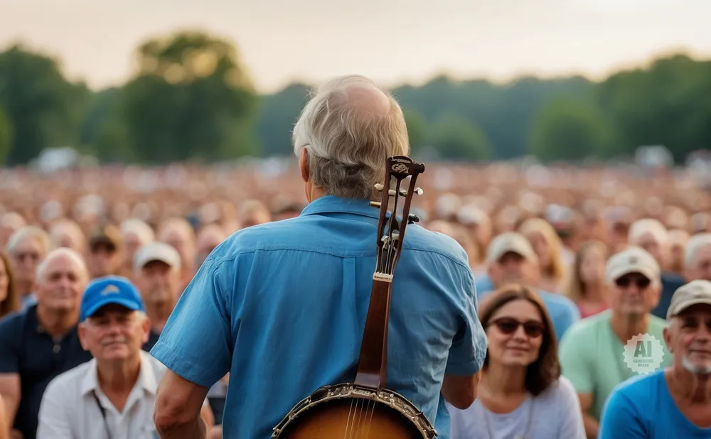 Man with banjo on his back faces a large crowd at an outdoor concert.
