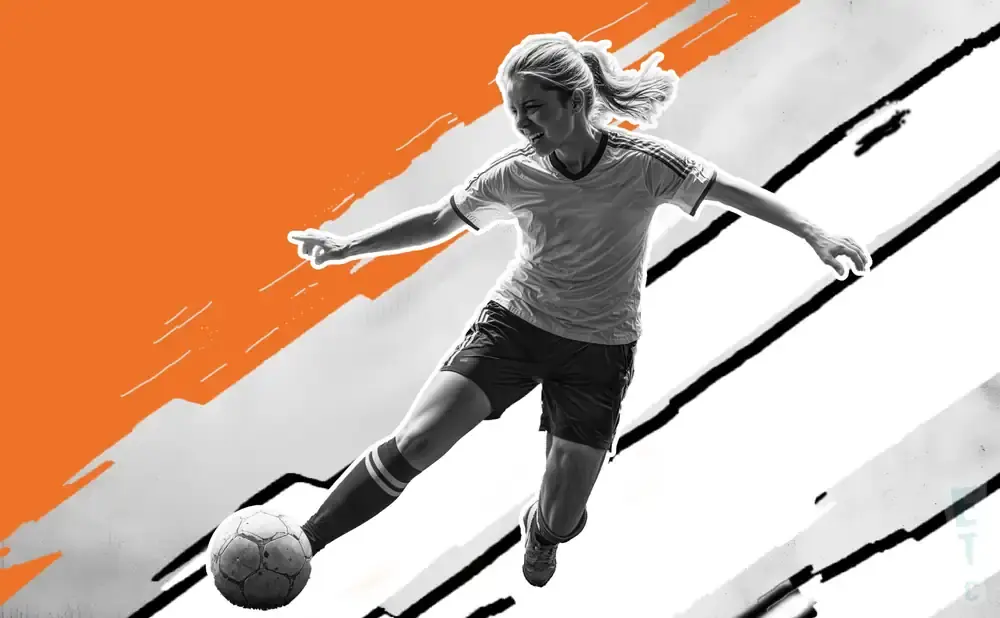A female soccer player kicks a ball while in mid-air, with an orange graphic design behind her.