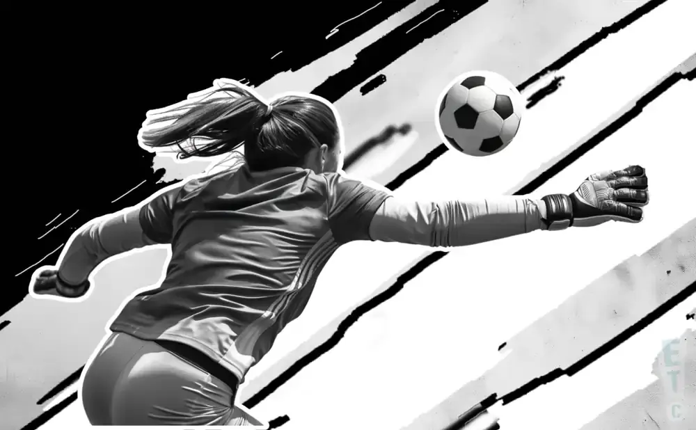 A goalkeeper leaps to save a soccer ball.