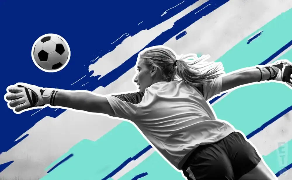 A soccer goalie lunges to catch a ball, with a graphic background of blue, teal, and white brushstrokes.