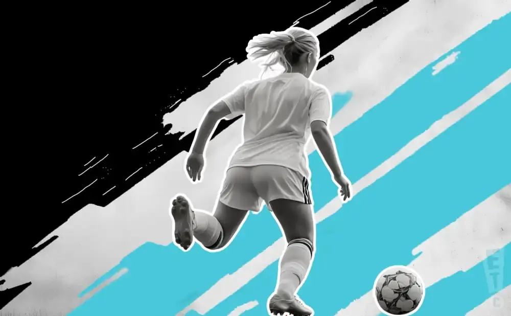Woman playing soccer, kicking a ball on a blue and black graphic background.