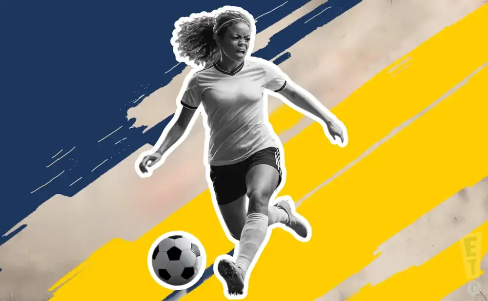 Woman playing soccer, kicking a ball, with a blue and yellow abstract background.