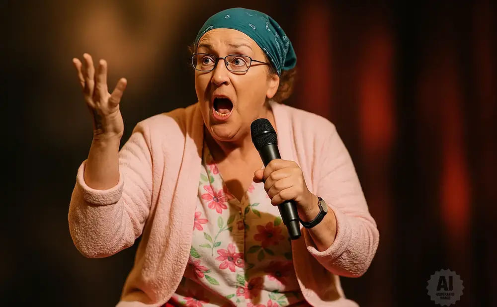Comedian in a pink cardigan and floral shirt gestures with her left hand while holding a microphone in her right.