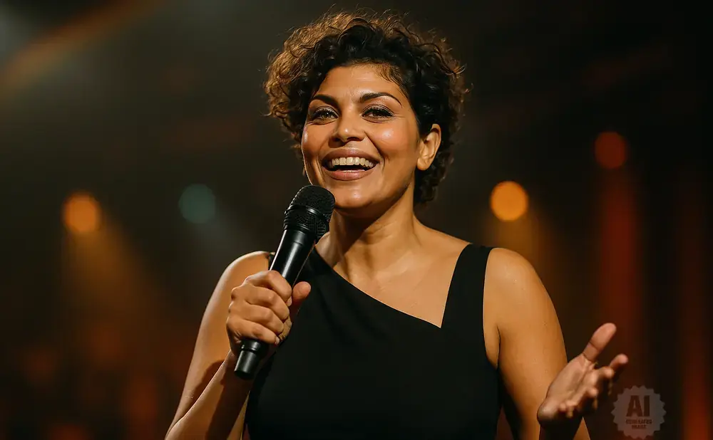 A woman with curly dark hair smiles and holds a microphone, with her left hand gesturing.