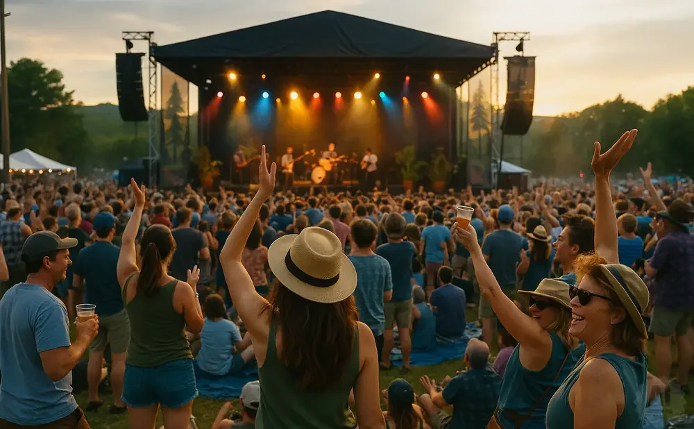 Crowd cheers at an outdoor concert at sunset. Band plays on a stage lit with colorful lights.
