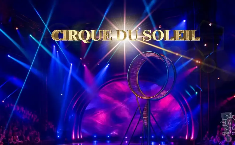 Cirque du Soleil stage with gold lettering, a large hoop, and dramatic blue and purple lighting.