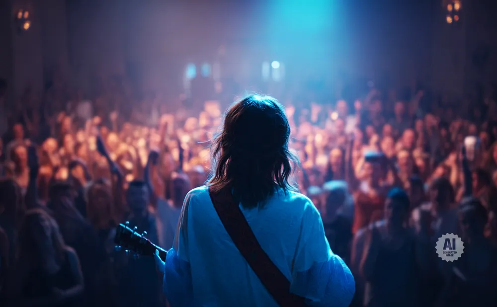 A musician plays guitar on stage for a cheering crowd under blue spotlight.