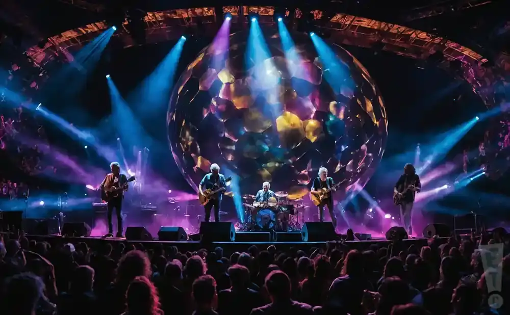 A band performs on stage in front of a giant, colorful disco ball, illuminated by blue and purple stage lights.