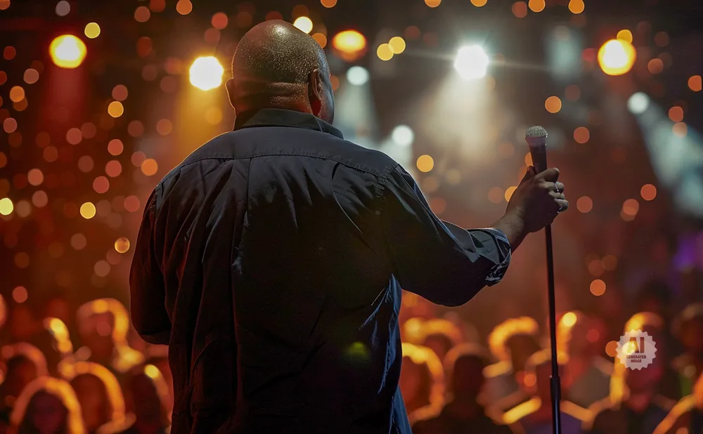 A bald man in a dark shirt holds a microphone on stage, facing an audience with blurred lights.