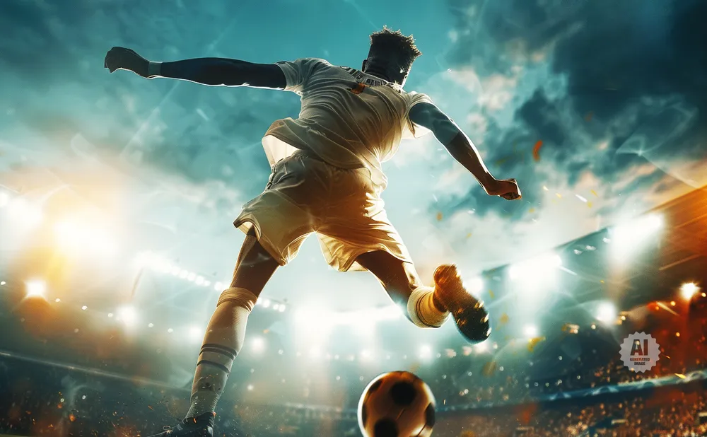 A soccer player in mid-air kicks a ball in a brightly lit stadium.