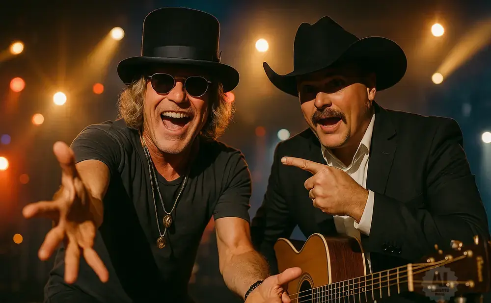 Two men in hats, one in a top hat and sunglasses, the other in a cowboy hat, play guitar and point excitedly.