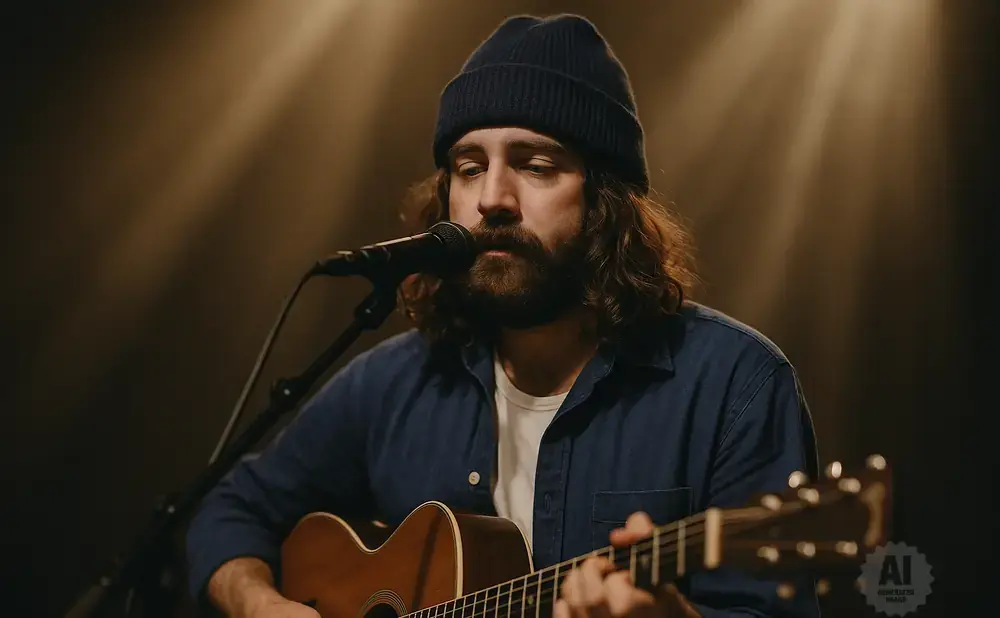 A man with a beard wearing a blue beanie and shirt plays an acoustic guitar into a microphone.