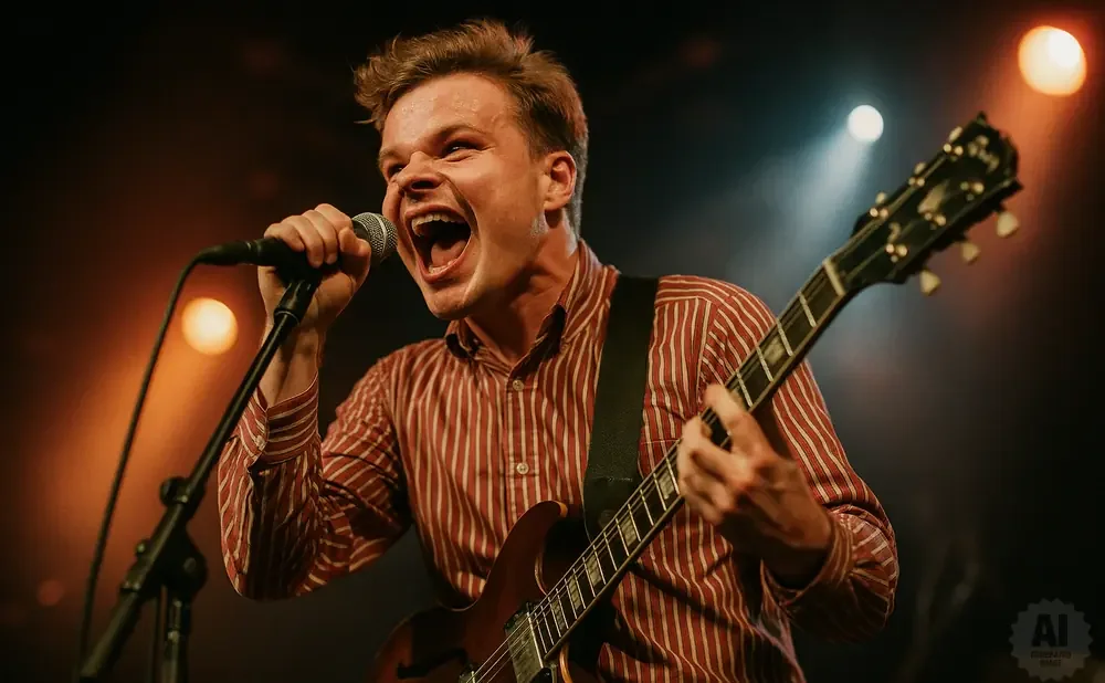 A man sings into a microphone while playing a guitar on stage.