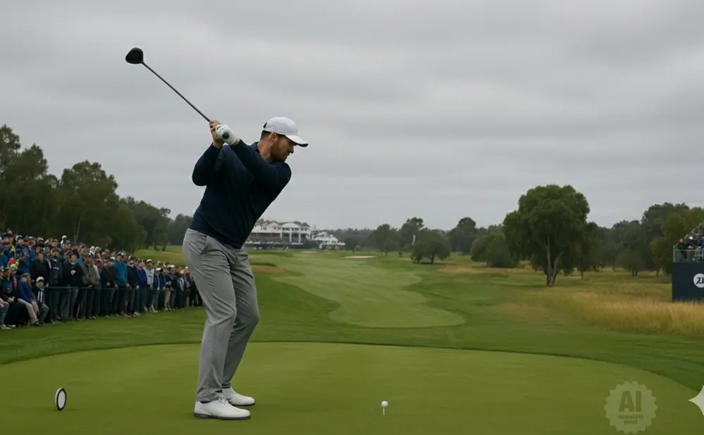 Golfer mid-swing on a tee box with a large crowd and golf course in the background.