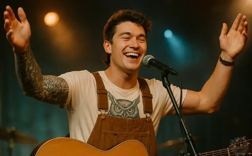 A man with tattoos on his arm, wearing overalls and a t-shirt with an owl graphic, smiles while singing into a microphone.