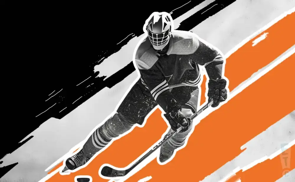 A hockey player in a mask and uniform skates across an orange and black background.