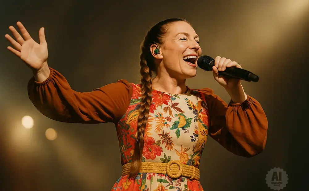 A woman sings into a microphone, her arm raised, wearing a floral dress.
