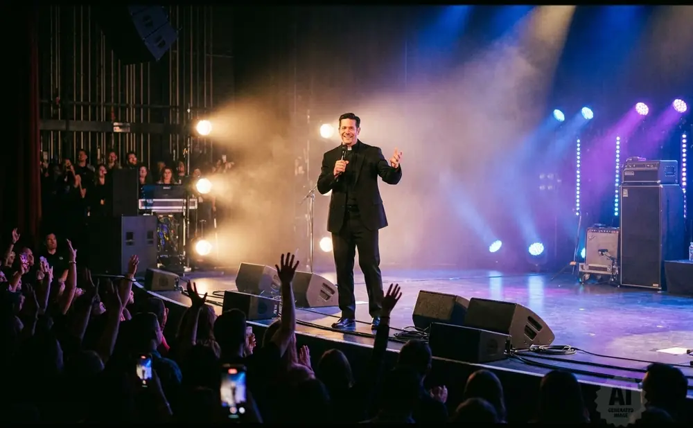 A priest in a suit on stage speaks into a microphone, with a crowd in the foreground and stage lights and equipment behind him.