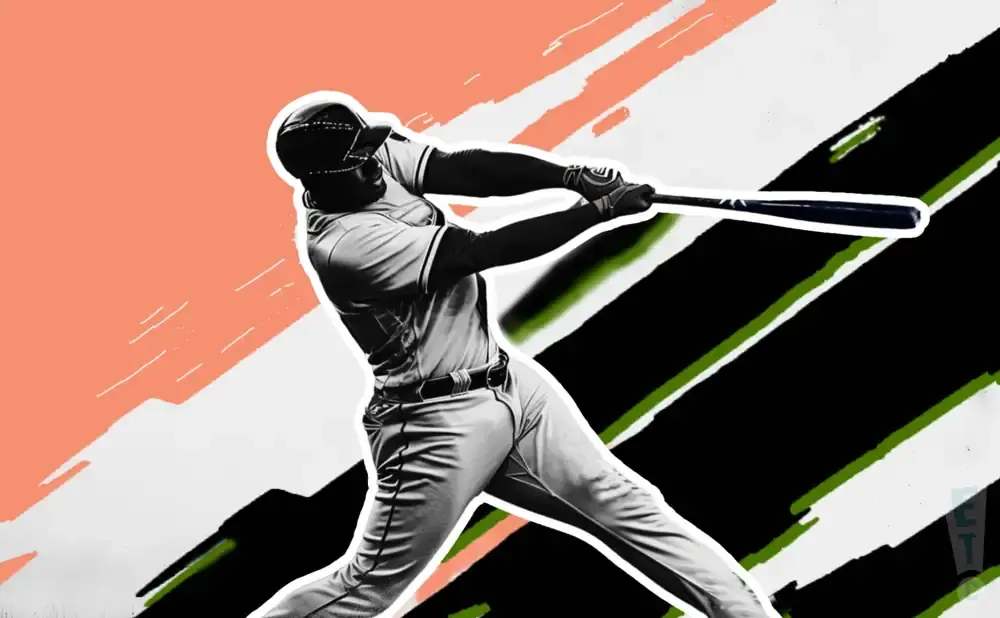 A baseball player swings a bat with a black background, green and white lines, and a coral background.