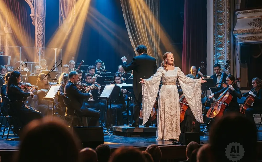 A female singer in a white dress performs with an orchestra on stage, lit by spotlights.